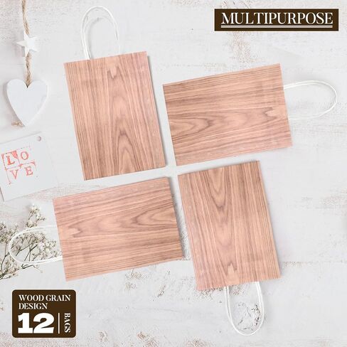 SHIQIKEJIPTY 12 حزمة من أكياس الهدايا السائبة حقيبة الحفلات أكياس ورق كرافت بنية مع مقابض 5.9 بوصة × 3.1 بوصة × 8.3 بوصة لوازم حفلات الخشب الحبوب حقيبة حلوى الطفل الورقية لحفلات أعياد الميلاد وحفلات الزفاف (حبوب الخشب البني الداكن) in Kuwait