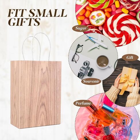 SHIQIKEJIPTY 12 حزمة من أكياس الهدايا السائبة حقيبة الحفلات أكياس ورق كرافت بنية مع مقابض 5.9 بوصة × 3.1 بوصة × 8.3 بوصة لوازم حفلات الخشب الحبوب حقيبة حلوى الطفل الورقية لحفلات أعياد الميلاد وحفلات الزفاف (حبوب الخشب البني الداكن) in Kuwait