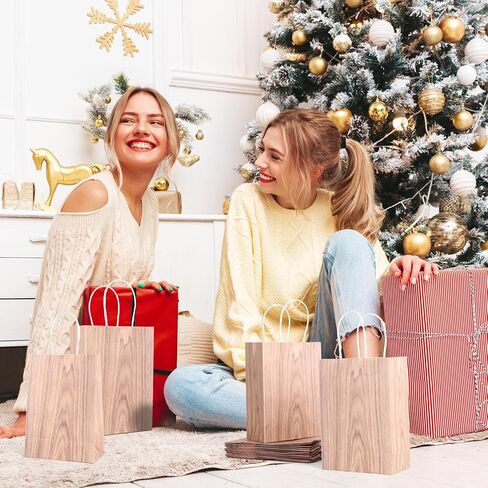 SHIQIKEJIPTY 12 حزمة من أكياس الهدايا السائبة حقيبة الحفلات أكياس ورق كرافت بنية مع مقابض 5.9 بوصة × 3.1 بوصة × 8.3 بوصة لوازم حفلات الخشب الحبوب حقيبة حلوى الطفل الورقية لحفلات أعياد الميلاد وحفلات الزفاف (حبوب الخشب البني الداكن) in Kuwait