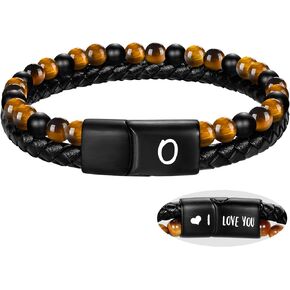 Leather Bracelet for Men Initial A-Z Layered Tiger Eye Beaded Bracelets I Love You Gifts for Him Anniversary Fathers Day Birthday Gift for Boyfriend Dad Husband Son