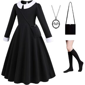 LAUPHIE Black Costume Girls Black Dress Girls with Necklace, Socks and Bag