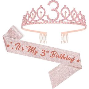 3rd Birthday Sash and Tiara for Girls, 3 & Fabulous Glitter Sash and Pink Birthday Crown Set, Happy 3rd Birthday Gifts for Girl Party Supplies and Decorations