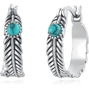 Feather Earrings 925 Sterling Silver Turquoise Hoop Earrings Iindian Native American Jewelry Western Gifts for Women Birthday