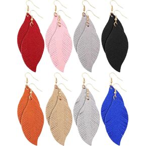 Jovitec 8 Pairs Leather Feather Earrings Teardrop Earrings Leather Lightweight Leaf Earrings for Women Girls Soft Suede Bohemian Feather Shape Earrings Tassel Dangles Fringe Wing, 8 Colors