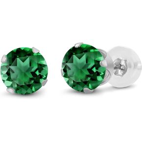 Gem Stone King 14K White Gold Green Nano Emerald Stud Earrings For Women (0.60 Cttw, Gemstone May Birthstone, Round 4MM)