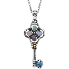 Shop LC Key Necklace ION Plated Stainless Steel & Yellow Gold - Key Pendant with Rose Quartz, Amethyst, Aventurine, Opalite & Howlite Mixed Gemstones - 20" Chain Length Costume Jewelry for Women