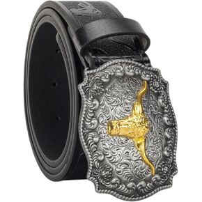 Men Women Western-Cowboy-Belt PU Leather Floral Engraved Bull Buckle-Belts for Jeans (for 25" to 38" Waist)