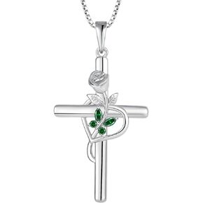 Cross Necklace for Women 925 Sterling Silver Butterfly Birthstone Necklace Rose Flower Religion Jewelry Gifts for Women Wife Girlfriend Mother Daughter Her