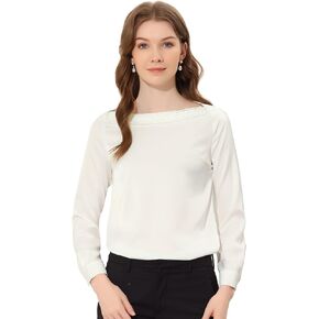 Allegra K Elegant Satin Long Sleeve Tops for Women's Vintage Boat Neck Work Blouse Shirt