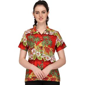 ALVISH Womens Hawaiian Shirt Hibiscus Flower Aloha Beach Top Blouse Casual Swim Ladies