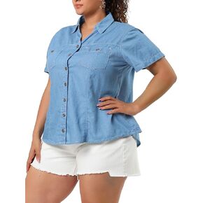 Agnes Orinda Plus Size Denim Shirt for Women Short Sleeve Chest Pocket Button Down Chambray Shirts