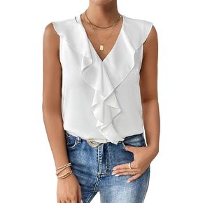 WDIRARA Women's Ruffle Trim Sleeveless V Neck Blouse Casual Top Shirt