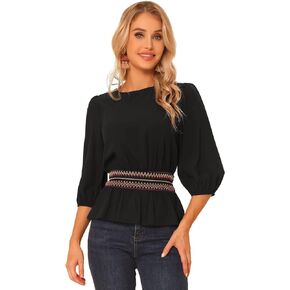 Allegra K Peplum Top for Women's 3/4 Sleeve Smocked Waist Blouse