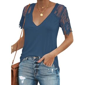 تي شيرت نسائي صيفي من الدانتيل بأكمام قصيرة ورقبة على شكل V من Utyful، بلوزة كاجوال in Kuwait