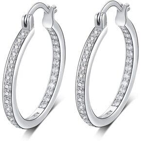 Hoops Earrings Cubic Zirconia for Women 18K White Gold Plated Huggie Earring Lightwight Hoop Size from 20mm to 50mm