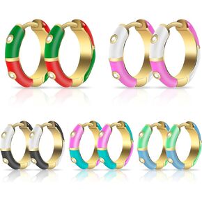 5 Pairs 18K Gold Plated Fashion Enamel Earrings,CZ Small Mini Round Circle Charm Lourny Cute Hoop Earrings,Dainty's Lady Earrings,Gold Huggie Earrings for Women Gifts for Her