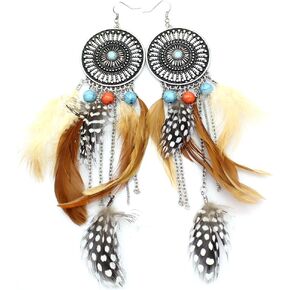 RechicGu Western Cowgirl Vintage Big Dream Catcher Feather Coral Turquoise Bead Style Moon Hoop Drop Earrings
