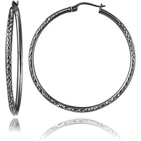 Hoops & Loops Black Flashed 925 Sterling Silver Diamond-Cut Click-Top Round Hoop Earrings for Women & Teen Girls, Sizes 15mm-50mm