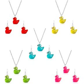 5 Pairs Weird Rein Cute Yellow Duck Drop Earring Necklace Set Funny Kawaii for Women Girl Teen Jewelry Lovely Duck Animal Dangle Earring Set Statement