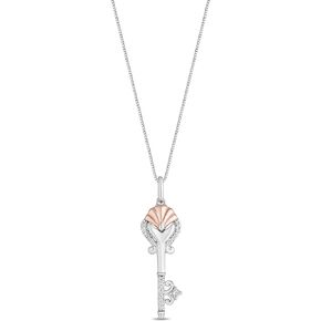 Jewelili Enchanted Disney Fine Jewelry 14K Rose Gold Over Sterling Silver 1/10 Cttw Natural Round White Diamond Ariel Shell Key Pendant Necklace, 18" Box Chain
