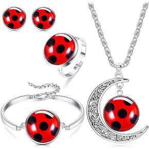 HAIAISO Good Luck Ladybug Jewelry Red Ladybug Bracelet Moon Necklace Ring Stud Set Halloween Cosplay Jewelry Magical Ladybug Lover Gift for Women Girls