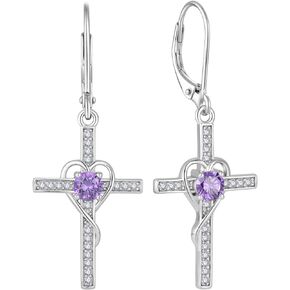 Cross Earrings 925 Sterling Silver Heart-Shaped Leverback Earrings Cross Dangle Drop Religious Jewelry Christian Baptism Gift