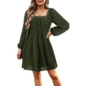 VintageClothing Women's Casual Square Neck Long Sleeve Fall Dresses Mini Babydoll Dress High Waist A-Line Flowy Short Dress
