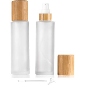Frosted Glass Lotion Bottle,2 Pack Cosmetic Cream Bottles With Bamboo Lid Empty Travel Spray Bottles Pump Dispenser For Essential Oil Emulsion Essence Liquid (100ml)