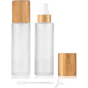 Frosted Glass Lotion Bottle,2 Pack Cosmetic Cream Bottles With Bamboo Lid Empty Travel Spray Bottles Pump Dispenser For Essential Oil Emulsion Essence Liquid (100ml)