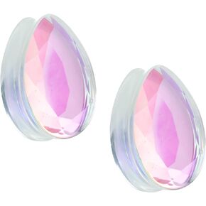 Pierced Owl Teardrop Shaped Iridescent Glass Faceted Double Flared Plugs, Sold as a Pair