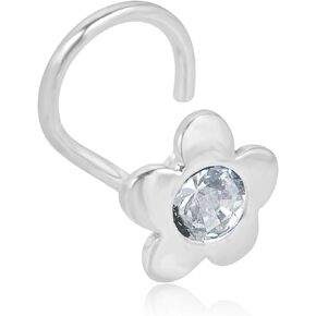 AVORA 14K White Gold Simulated Diamond CZ Flower Curved Nose Ring Twist Screw Body Jewelry (22 Gauge)