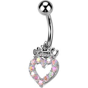Pierced Owl 14GA 316L Stainless Steel CZ Crystal Paved Hollow Heart and Crown Belly Button Ring