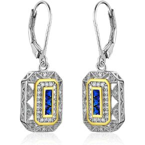 Newshe Vintage Created Blue Sapphire White Cz 925 Sterling Silver Gemstone Dangle Drop Earrings