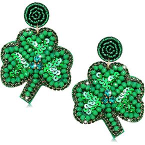 St. Patrick's Day Earrings Beaded Green Shamrock Earrings Handmade Lucky Leaf Drop Dangle Earring for Women Girls Funny Irish Holiday Jewelry Gifts