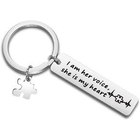 Autism Awareness Keychain I Am His Voice He is My Heart Keychain with Puzzle Piece Charm Autism Mom Gift