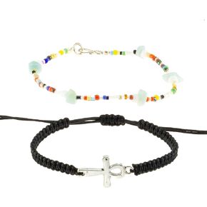 BlueRica 2 Pieces Bracelet Set ~ Macrame Ankh Cross Bracelet & Multi Seed Beads with Stone Chips Bracelet
