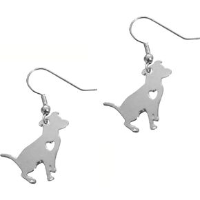 Stainless Steel I Love My Pit Bull Dangle Earrings, American Pitbull Terrier Dog Lover Heart Pet Puppy Rescue Charm Pendant (Silver)