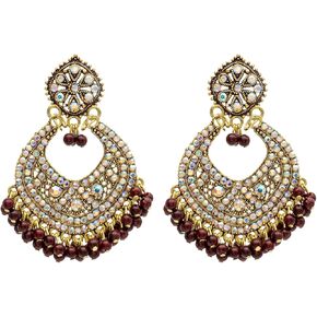 Traditional Indian Gold Maroon Colour CZ, Crystal Studded Chand Bali Earring For Women - Maroon (SJE_84_M)