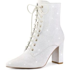 Perphy Glitter Sequin Boot Lace Up Pointed Toe Block Heel Glitter Ankle Boots for Women