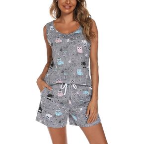 ENJOYNIGHT Women's Pajamas Set Sleeveless Tee and Shorts Sleepwear Tank Top Pjs Set With Pockets