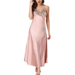 cheibear Womens Long Nigthgown 2023 Satin Lace Maxi Nightdress Chemise Sleepwear