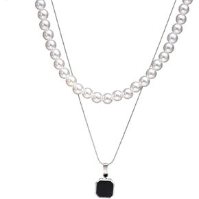 2Pcs Mens Pearl Necklace Layered Pearl Choker Necklaces for Men Multilayer Silver Chain Square-shaped Pendant Necklace Tennis Necklace Gifts