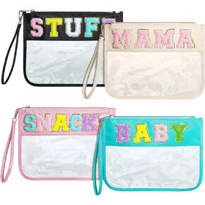 4 Pcs Chenille Letter Pouch Flat Nylon Clear Snack Bags Flat Multipurpose Zipper Makeup Bag for Travel Toiletry Bag Water-proof Cosmetic Pouch for Women Teen Girls (Simple Style)