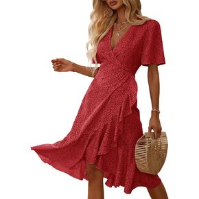 Febriajuce Women's Summer Wrap Maxi Dress Casual Boho Floral V Neck Short Sleeve Ruffle Hem Flowy Split Beach Long Dresses