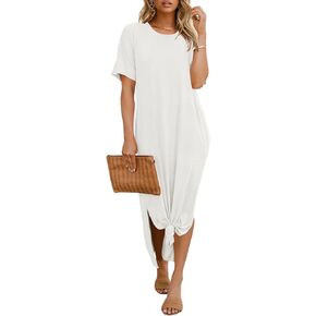 Dyexces Womens Summer T Shirt Dress Casual Drop Shoulder Round Neck Maxi Dresses Loose Side Slit Midi Dress with Pockets