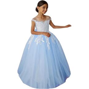 Lace Appliques Flower Girls Dresses for Wedding Party Dress Tulle First Communion Ball Gowns with Bow FL001