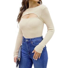 Hyipels Women's Cutout Long Sleeve Ribbed Strech Pullover Sweater Sexy Slim Fit Knitted Shirt Jumper Tops