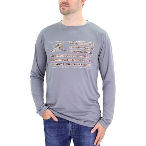 Mossy Oak Mens Camo Long Sleeve Shirt, Dri Fit Moisture Wicking Crew Neck American Flag Performance Top