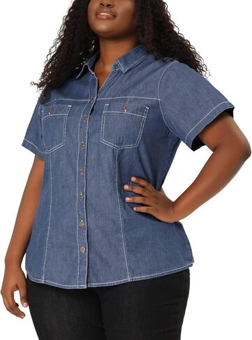 Agnes Orinda Plus Size Denim Shirt for Women Short Sleeve Chest Pocket Button Down Chambray Shirts in Saudi Arabia