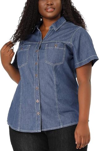 Agnes Orinda Plus Size Denim Shirt for Women Short Sleeve Chest Pocket Button Down Chambray Shirts in Saudi Arabia